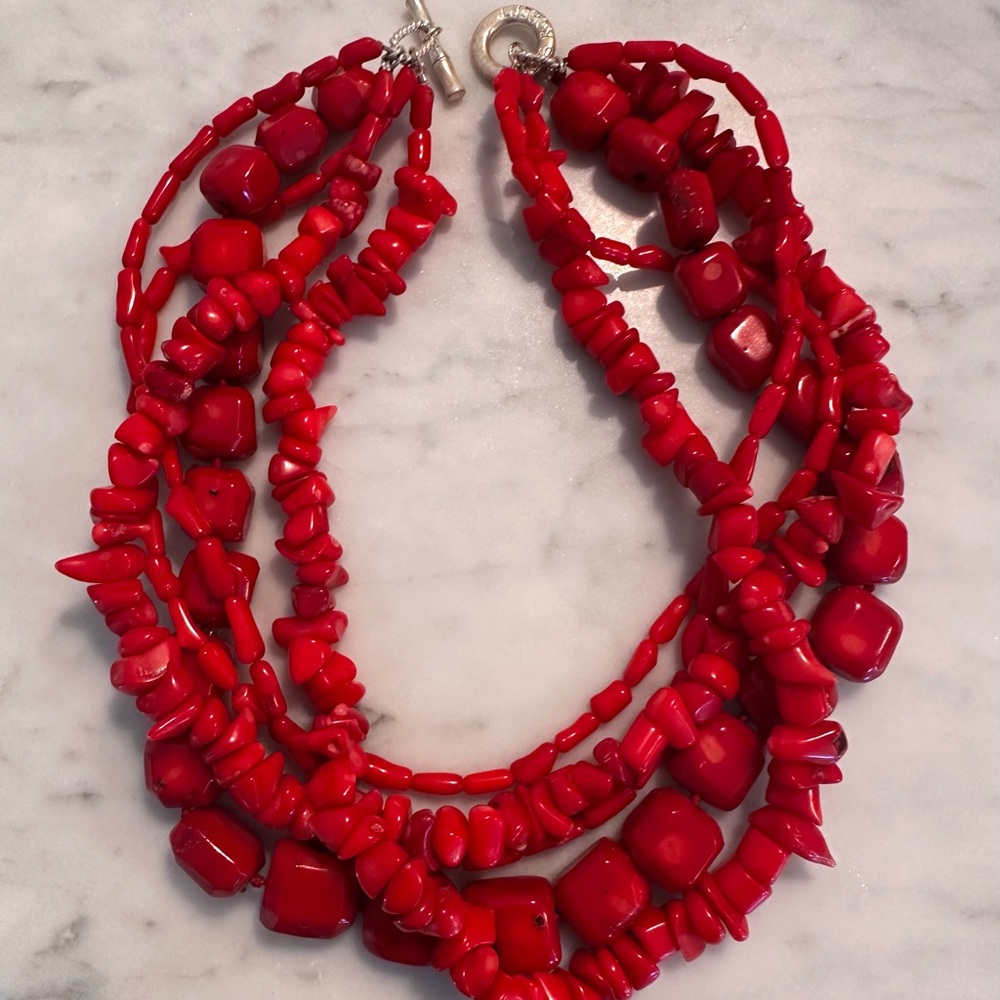 LUCAS ROBERT Red Coral Necklace Sterling Silver Bamboo Toggle Clasp